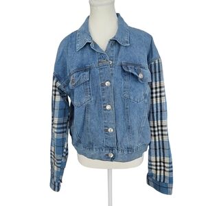 Blue B Denim Jean Jacket with Flannel Sleeves Size Large